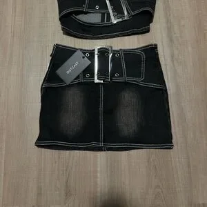 Outcast Black Denim Crop Top and Skirt Set